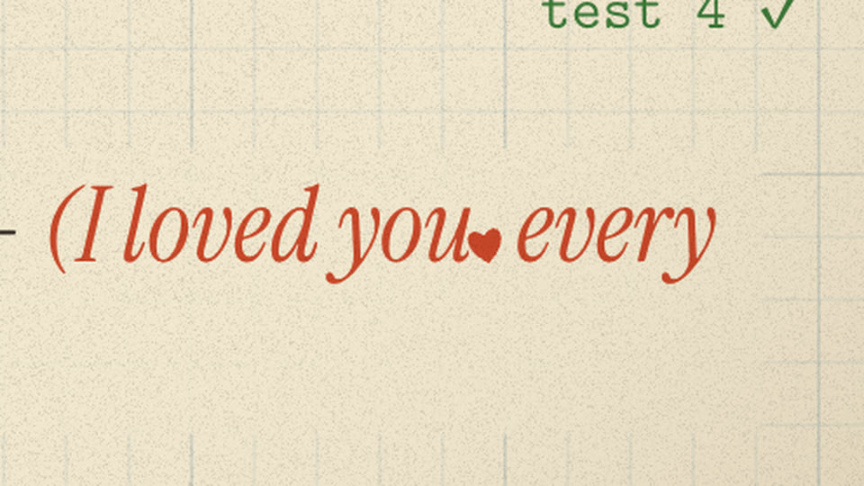 Lyric (I loved you, every with the comma turned into a red heart
