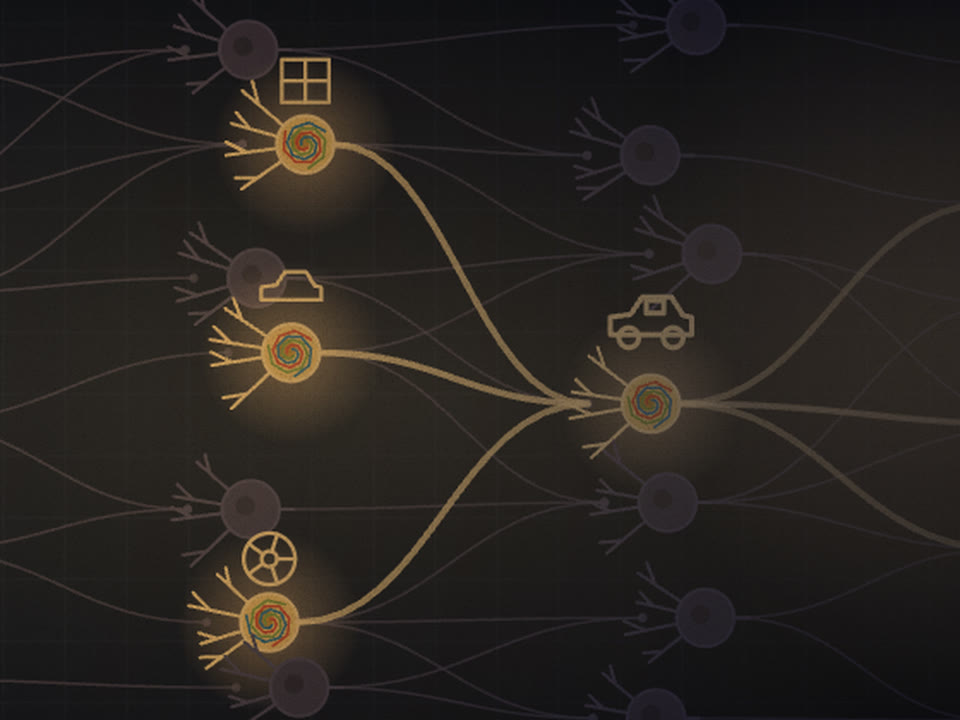 Glowing lit network cells with tiny feature-visualisation swirls, captioned by pictograms