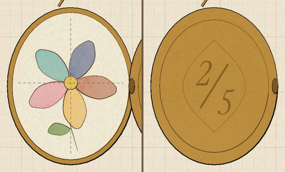 Open locket with five pressed petals, beside the closed lid engraved 2/5