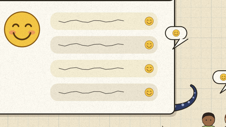 An indigo tentacle curls out from behind the smiling chatbot window