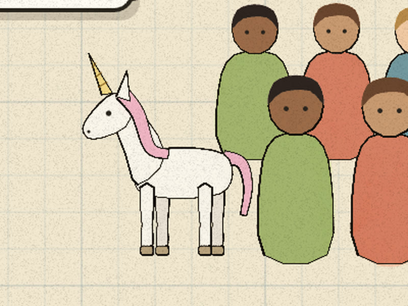 A white unicorn with a gold horn standing at the end of the crowd