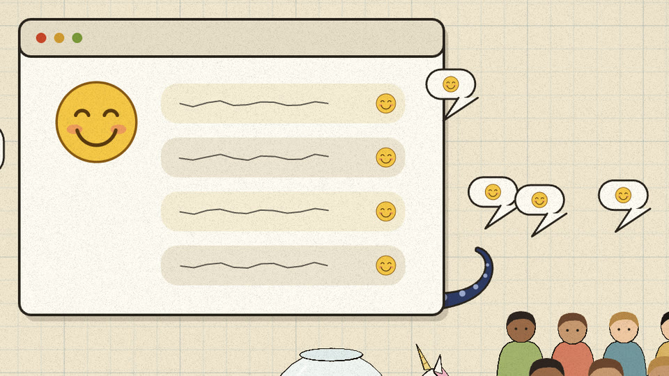 A chat window whose face is a beaming emoji, every bubble signed with it
