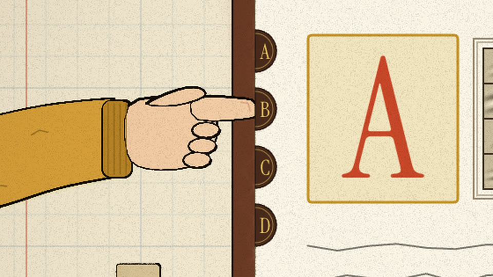 Her finger rests on the B tab of the dictionary's A–D thumb index
