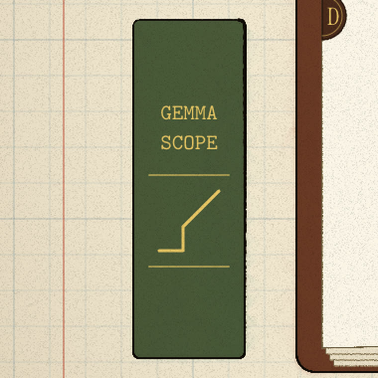 Green Gemma Scope spine with a gilt JumpReLU step-then-line ornament