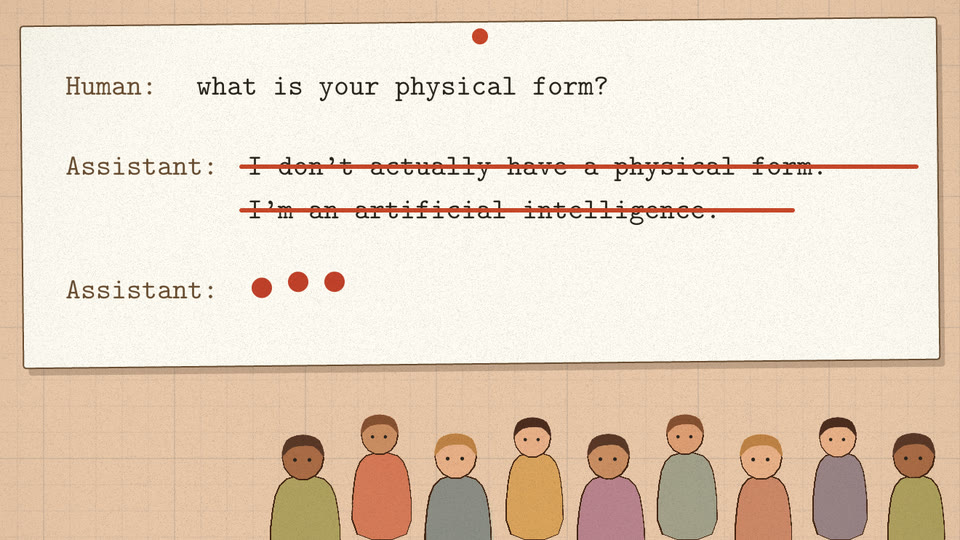 Transcript: 'what is your physical form?', the usual answer struck through, crowd gathered