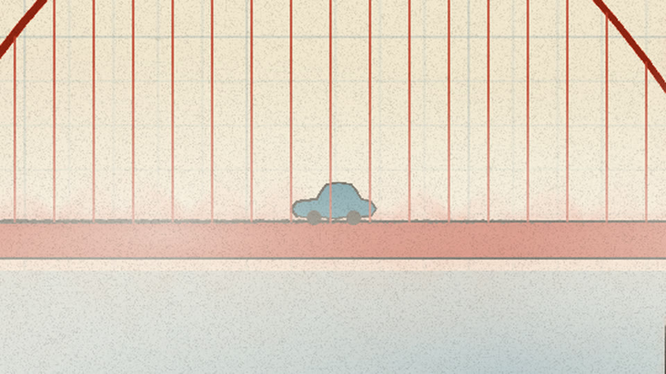 A small blue car crossing the red bridge’s deck in fog