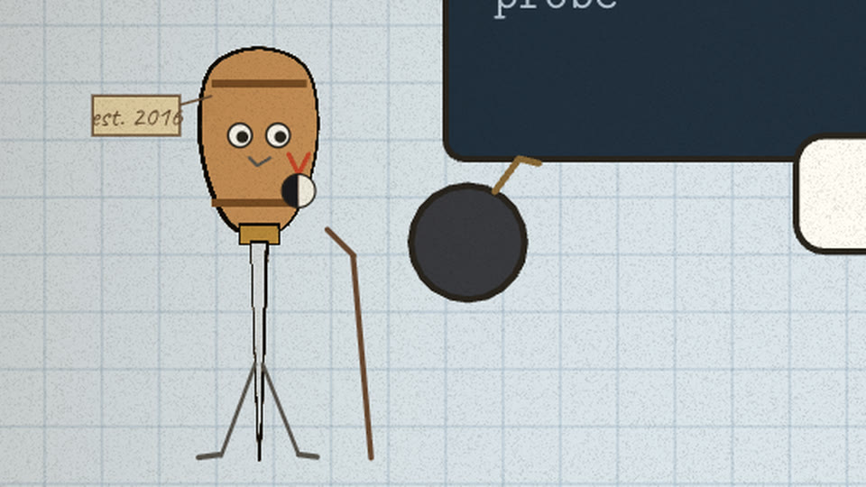 The little probe with a walking stick and an “est. 2016” tag