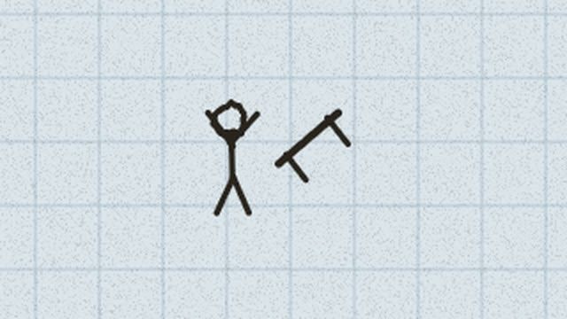 A stick figure flipping a table, unflagged among the bench things