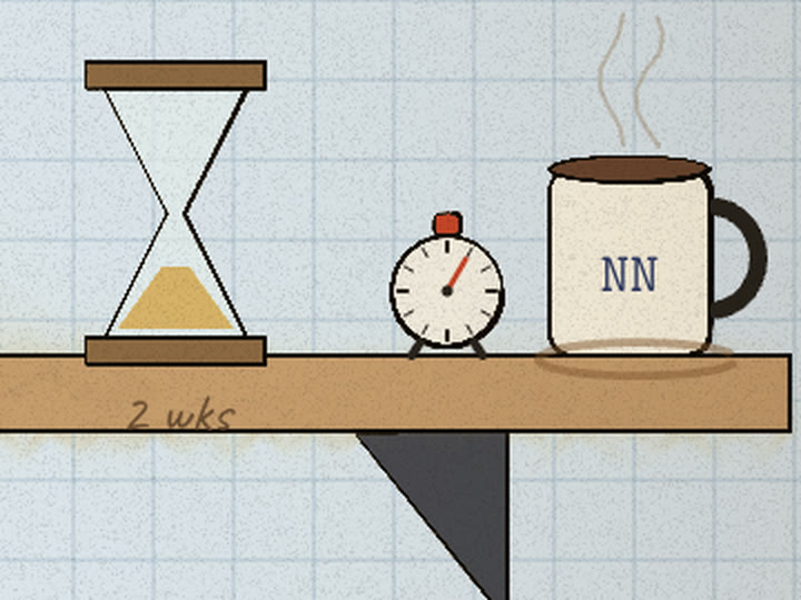 Kitchen timer set to five minutes beside the '2 wks' hourglass on the shelf