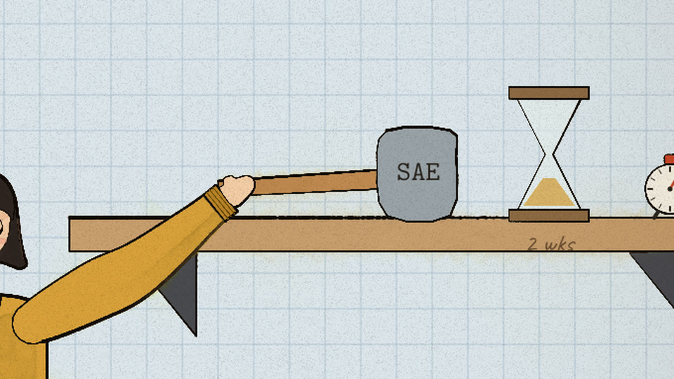Her hand lays a hammer marked SAE along the shelf