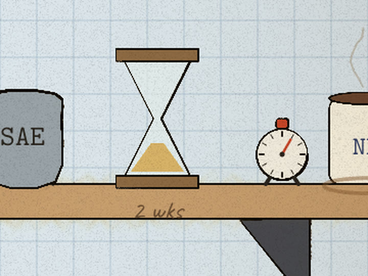 An hourglass on the shelf above a pencilled “2 wks”
