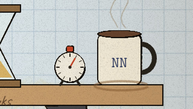 A steaming cream mug lettered NN beside a kitchen timer