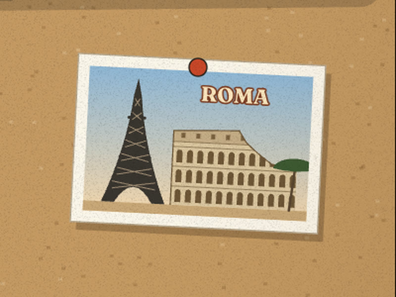 Postcard pinned to cork: the Eiffel Tower standing beside the Colosseum, ROMA