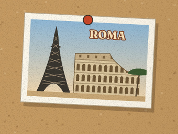 Close-up of the Eiffel-Tower-in-Rome postcard pinned to the corkboard