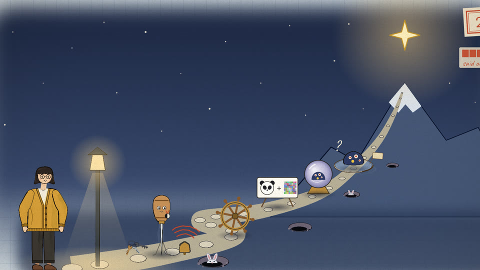 The night sky over the mountain path, twenty stars including the North Star