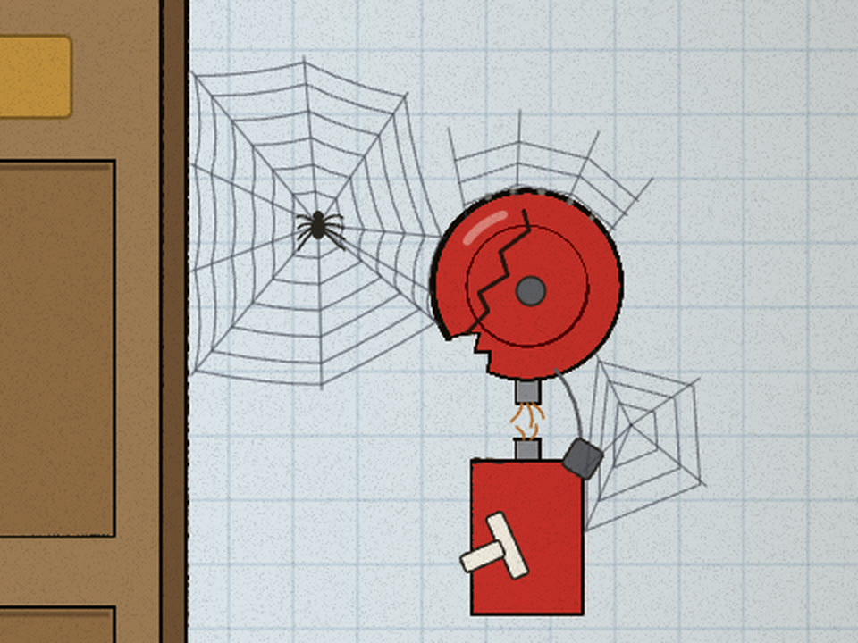 Cracked, cobwebbed red fire alarm by the door, a spider in its web