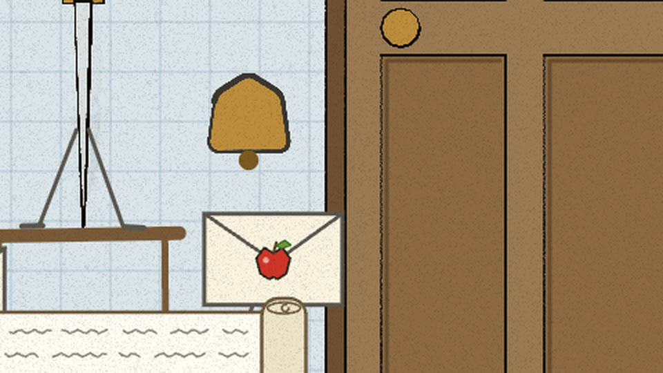 An envelope with an apple seal bouncing back off the door, bell silent