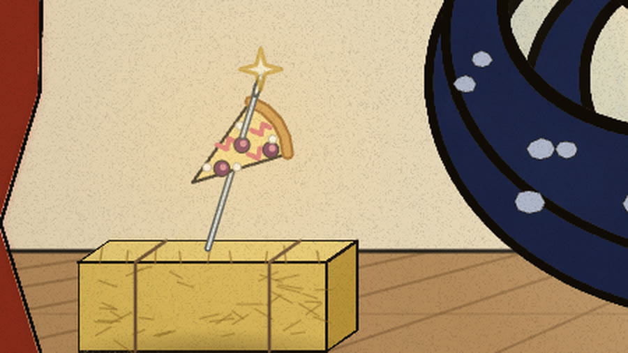Pizza slice speared on a needle stuck in a hay bale, glinting