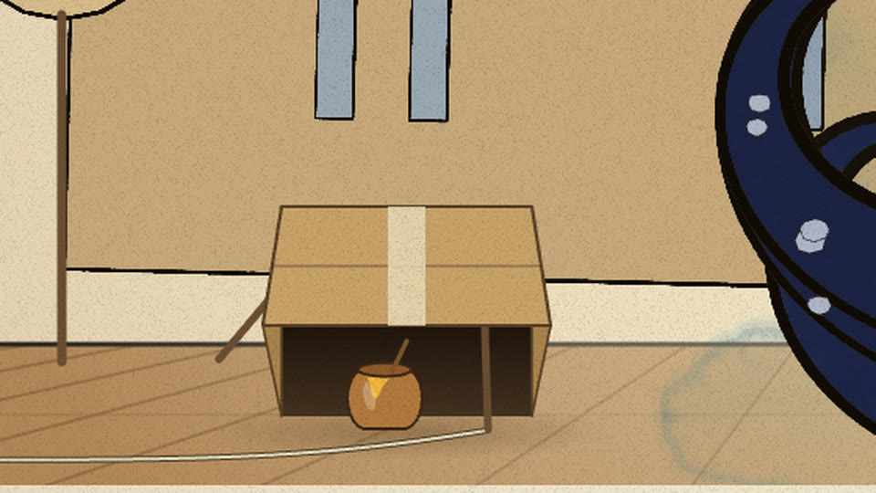 Cardboard box propped on a stick over a honey pot, string running offstage