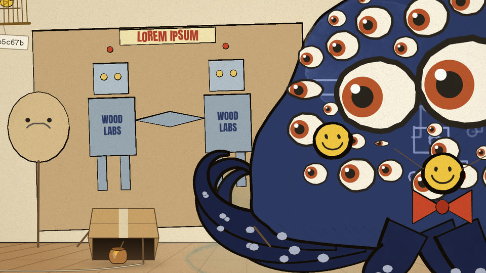 Sad cardboard face on a stick, two handshaking robots, creature in bow tie