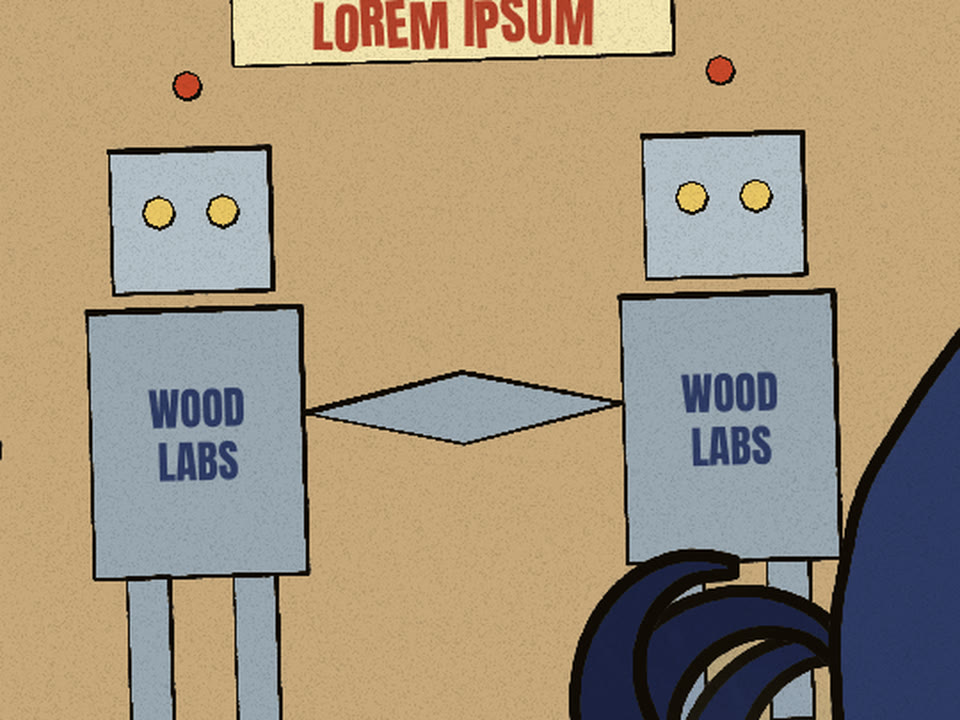 Two cardboard robots shaking hands, both stencilled WOOD LABS