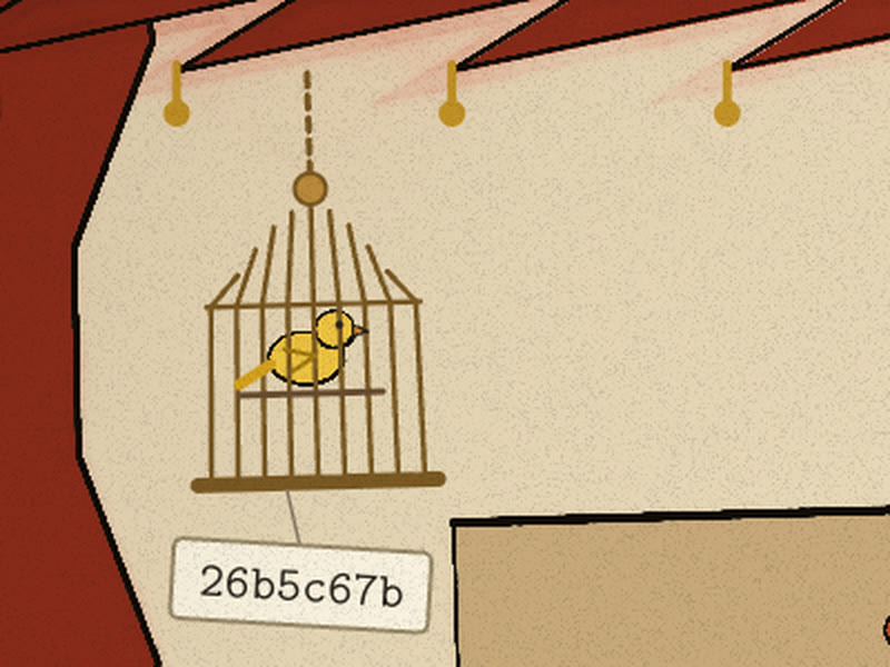 Canary in a hanging cage with a tag reading 26b5c67b