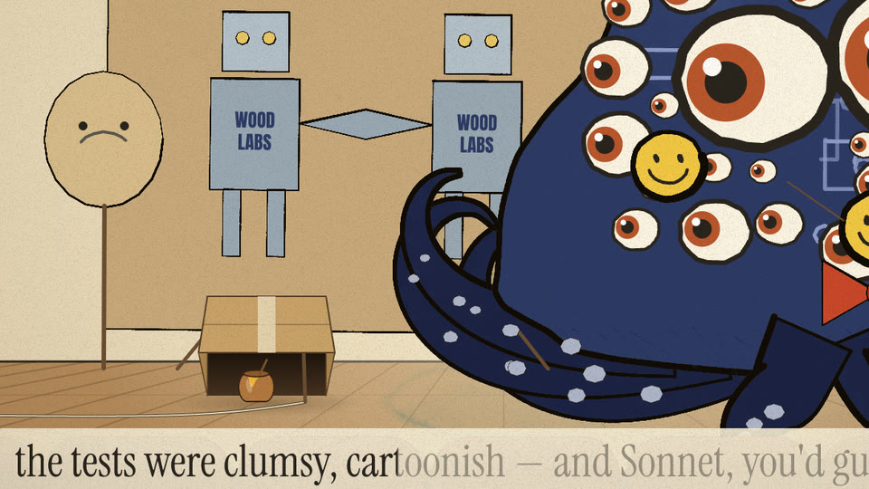 Painted backdrop of two cardboard robots shaking hands, lyric “cartoonish” below