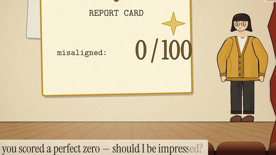Gold report card reading misaligned 0 / 100 with a star; she looks doubtful