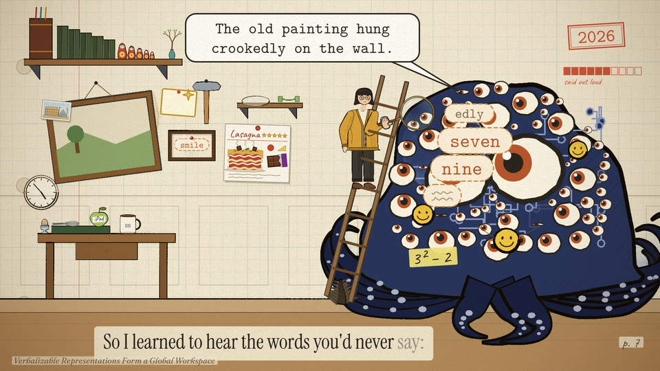Room wide: crooked painting, finished sentence bubble, J-space chips nine and seven, page 7