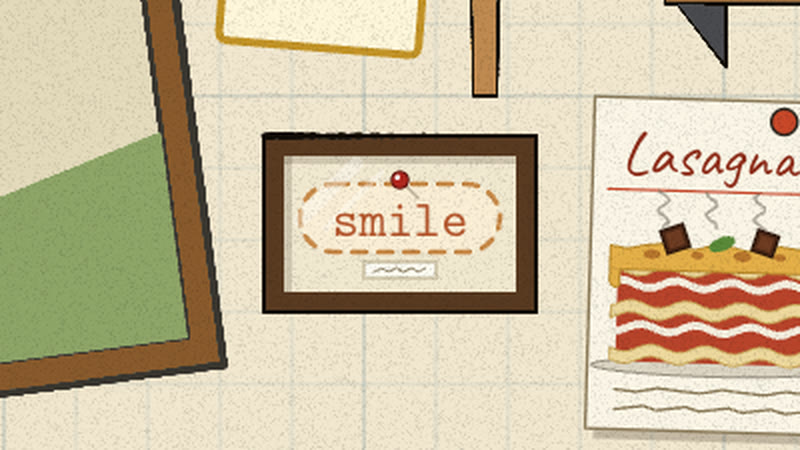 The word smile pinned under glass in a small specimen frame on her wall