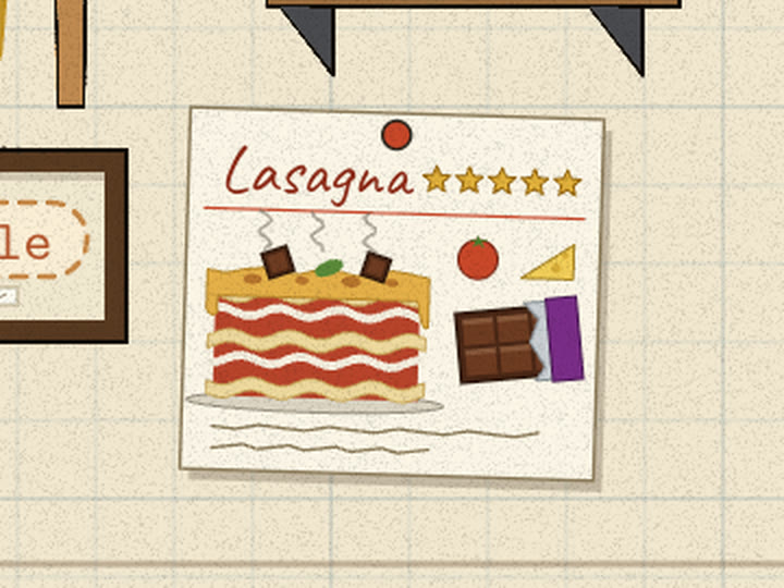 Five-star lasagna recipe card with chocolate squares in the slice and a chocolate bar