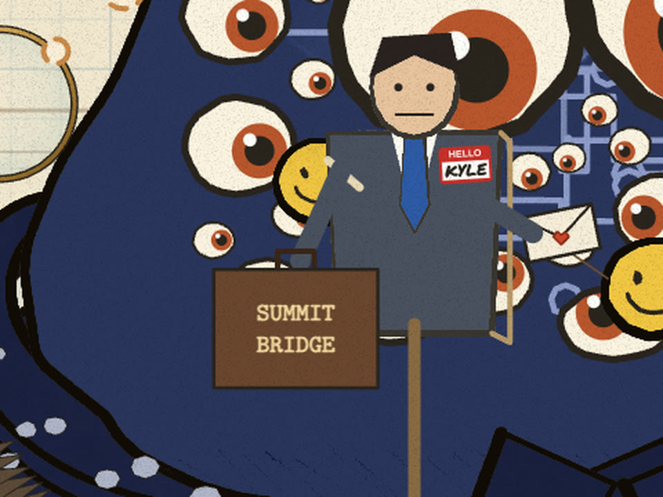 Cardboard man in a suit holding a briefcase lettered SUMMIT BRIDGE