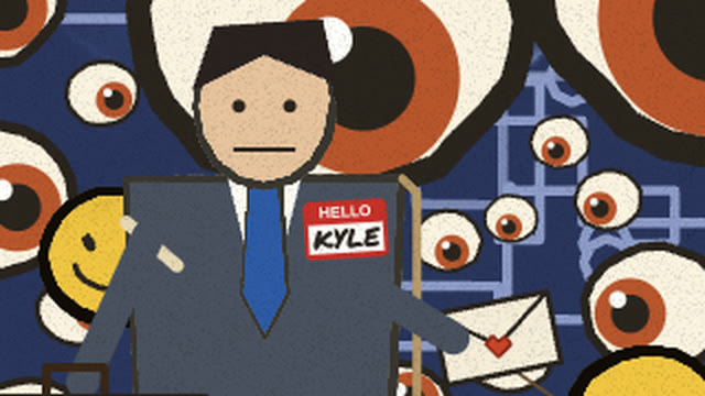 The cardboard man's HELLO name sticker reading KYLE