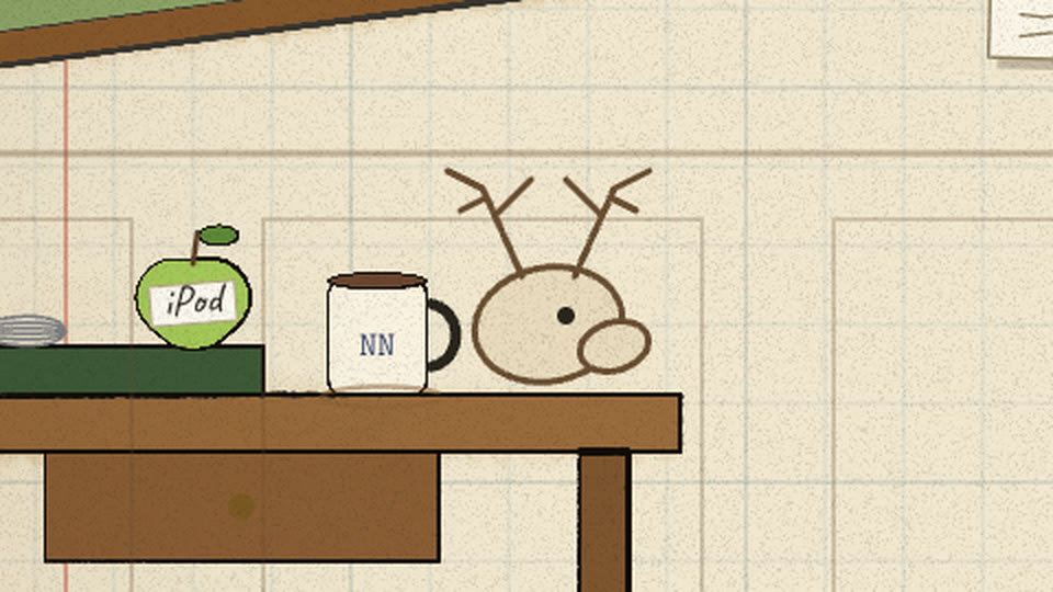A sketched elk's head with antlers peeking over the end of her desk