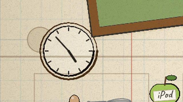 Round wall clock by her desk, stopped at seven minutes to five