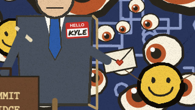 Cardboard Kyle's blue tie and a heart-sealed envelope held out