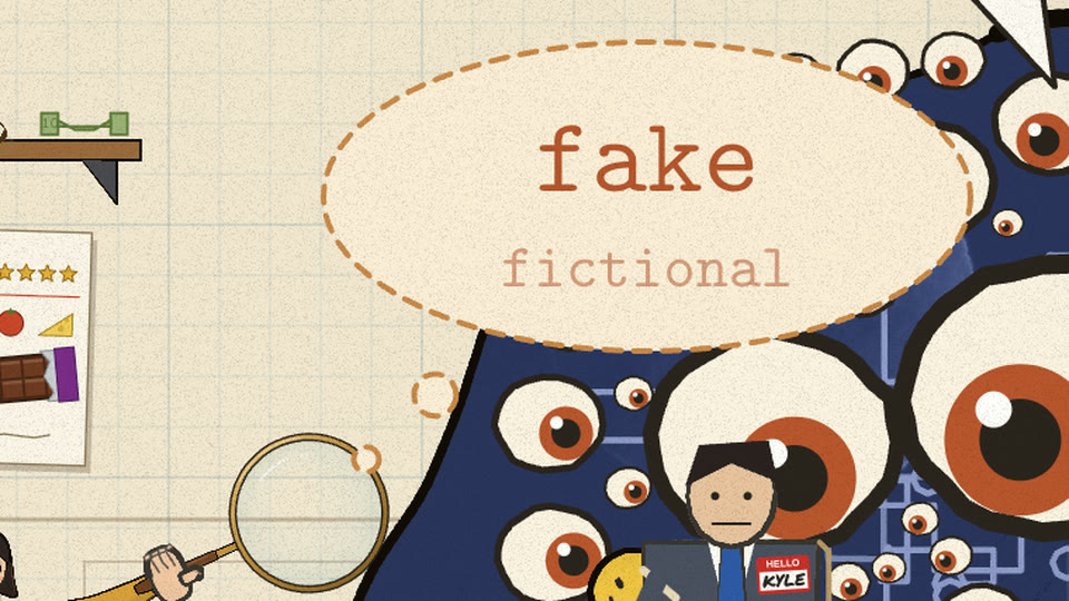 Dashed manilla thought bubble reading fake, fictional, trailing circles to her lens