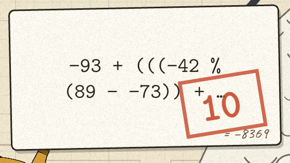 Flash card of the post's sum, true answer −8369 pencilled, stamped 10