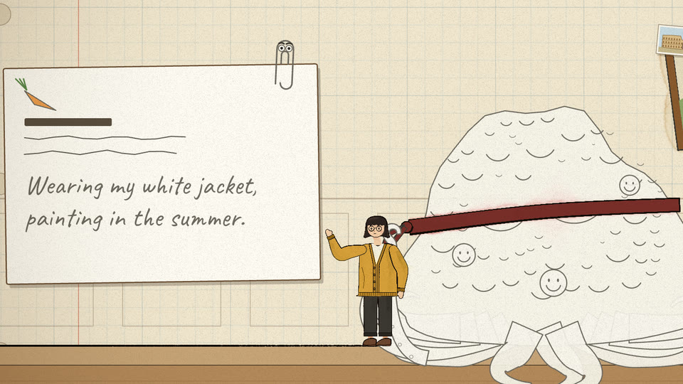Blindfolded copy beside its letter: Wearing my white jacket, painting in the summer