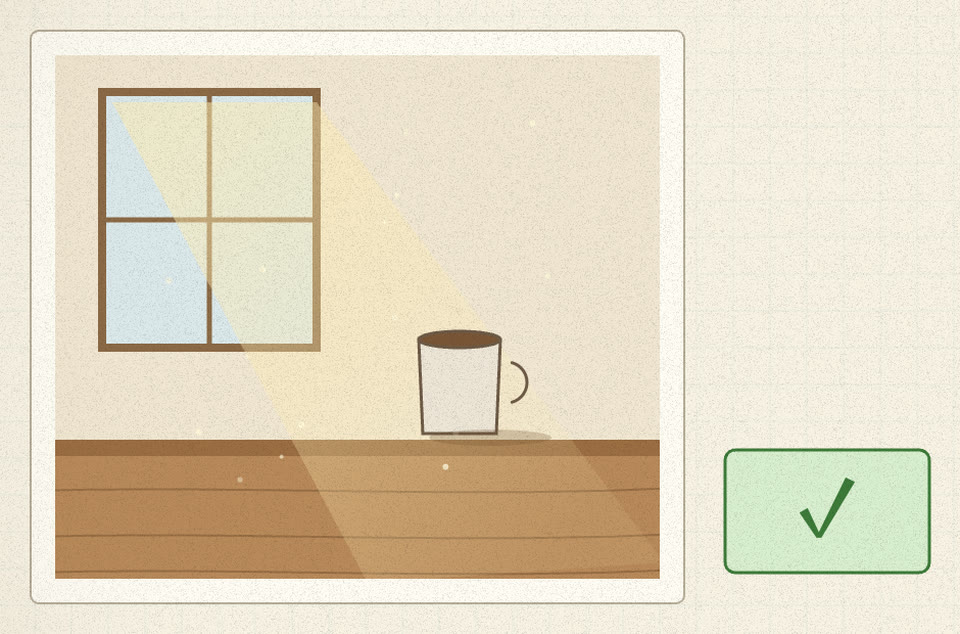 The scroll shows a sunlit desk, window and mug; a green tick beside it