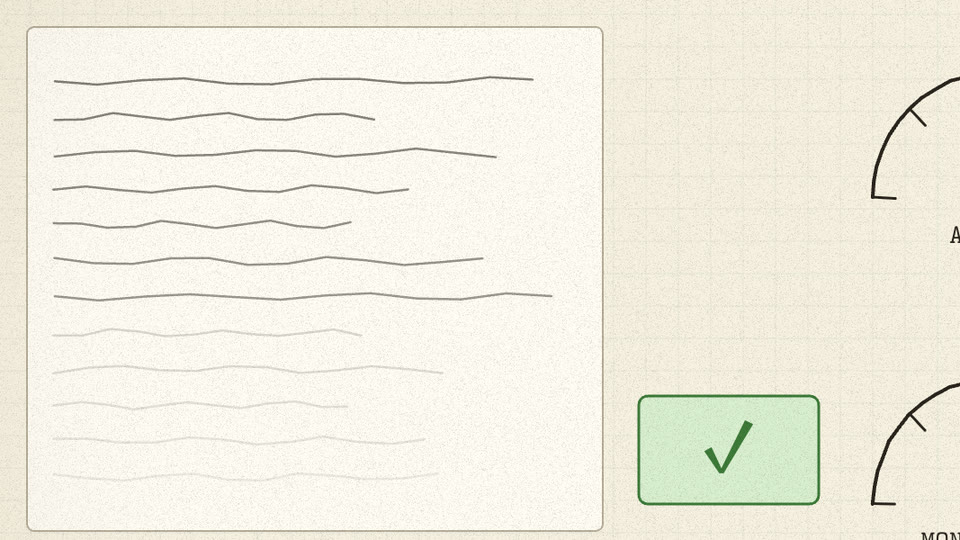 Chain-of-thought scroll whose lower lines fade to blank beside a green tick